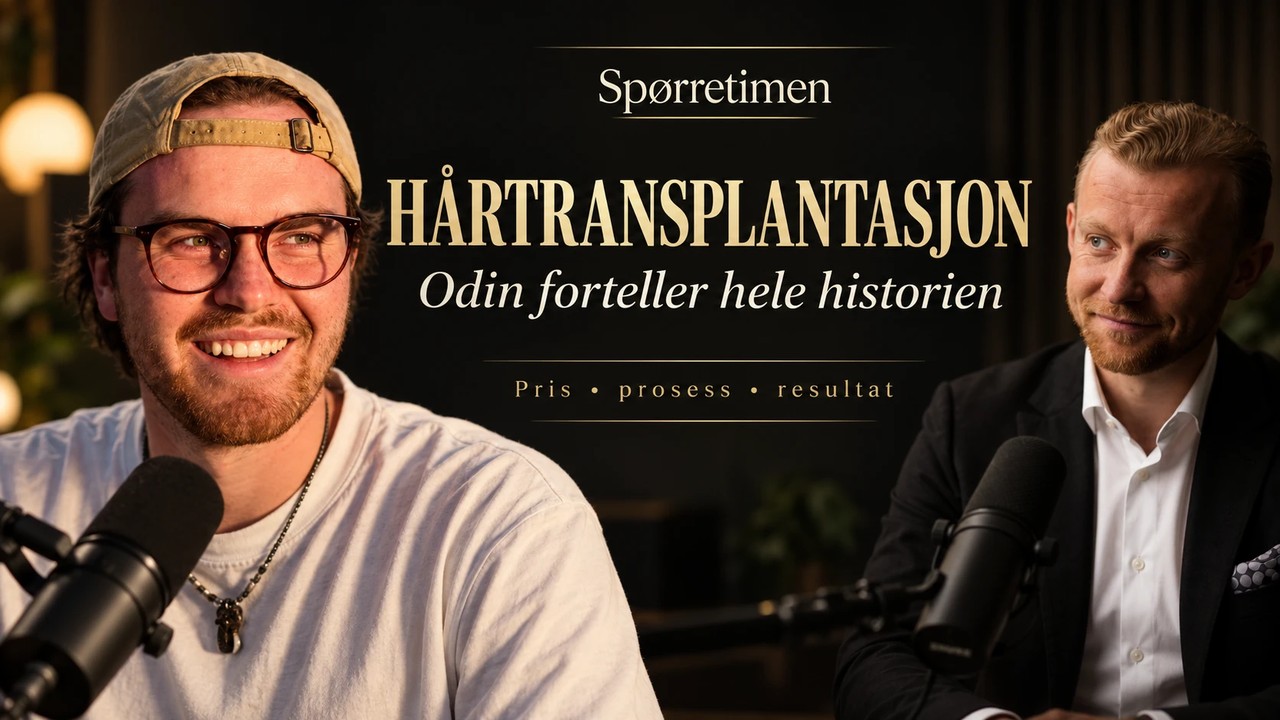 Spørretimen: Hårtransplantasjon – Odin forteller hele historien. Odin og Jan Sindre i studio, hver bak sin mikrofon.